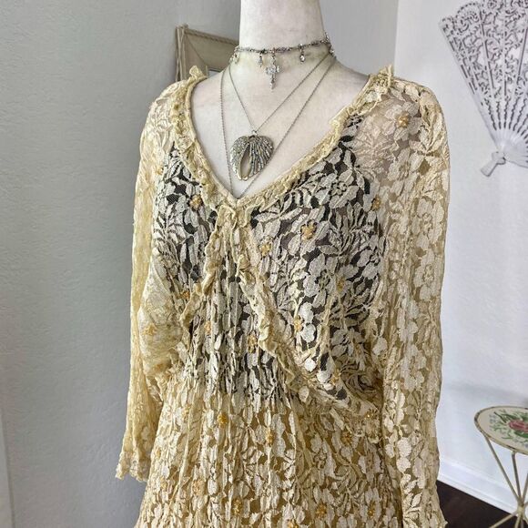 Lola P. Cream Nude White Sheer Lace Sequin Ruffle Pirate Wench Flowy Blouse XL - Picture 5 of 8